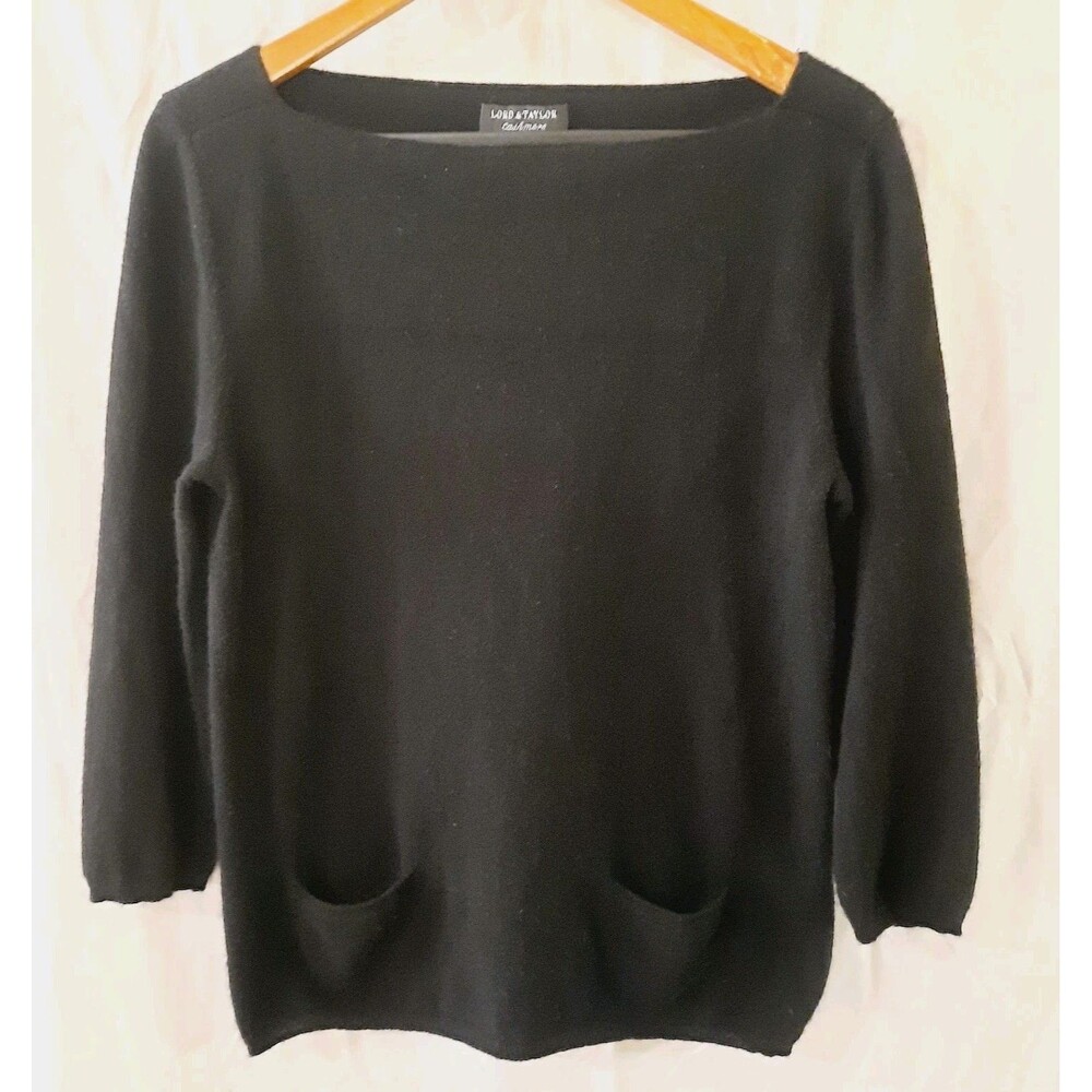 Lord & Taylor Womens Large Cashmere Boat Neck 3/4 Sleeve Front Patch Pockets